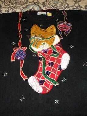 Vintage | Ugly Christmas Sweater Cat in Stocking - Sequins & Beads Size XL